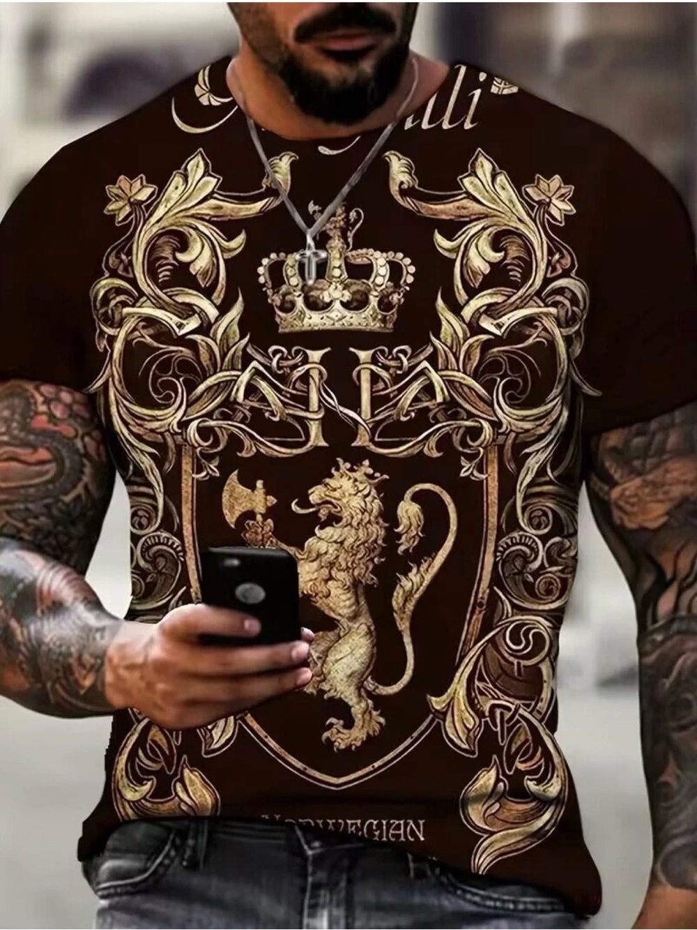 Men's Brown Crest Graphic Polo-Style Tee with Gold Print